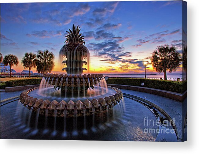 Charleston Acrylic Print featuring the photograph The Pineapple Fountain at Sunrise in Charleston, South Carolina, USA by Sam Antonio