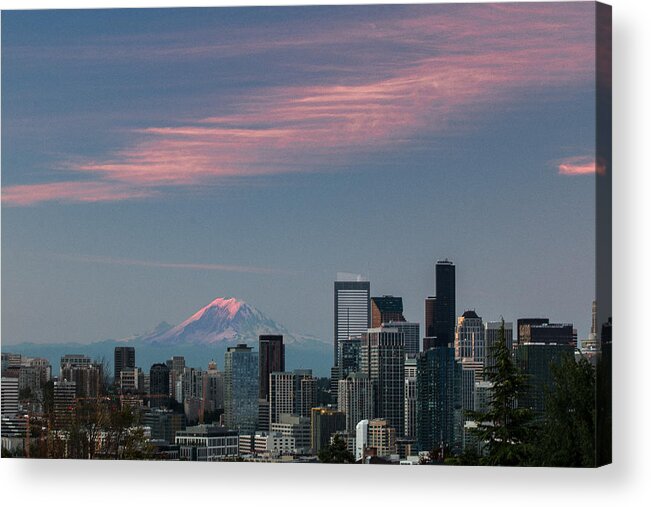 Mt. Rainier Acrylic Print featuring the photograph Pink Highlights over Seattle-Mt. Rainier by E Faithe Lester