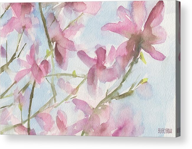 Floral Acrylic Print featuring the painting Pink Magnolias Blue Sky by Beverly Brown