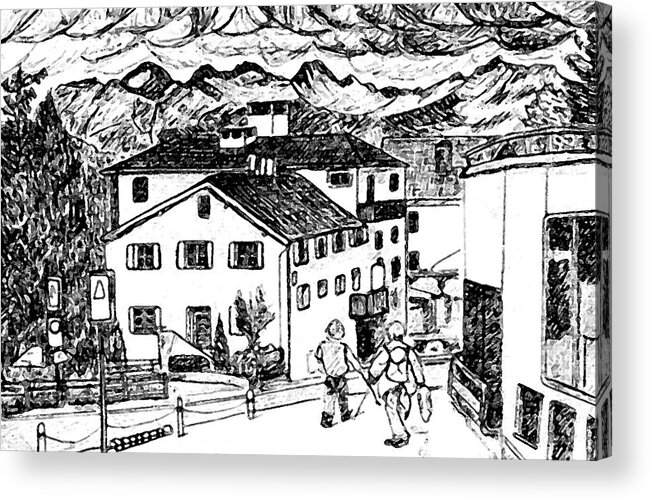 Switzerland Acrylic Print featuring the drawing Pontresina Switzerland by Monica Engeler