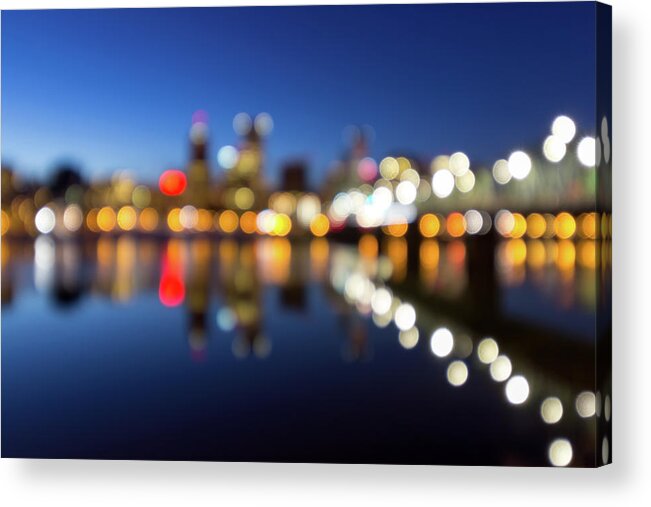Portland Acrylic Print featuring the photograph Portland Downtown Skyline Blue Hour Blurred Defocused Bokeh by Jit Lim