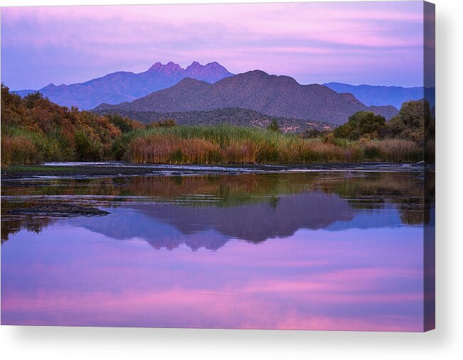 Four Peaks Acrylic Print featuring the photograph Purple Four Peaks Reflections by Dave Dilli