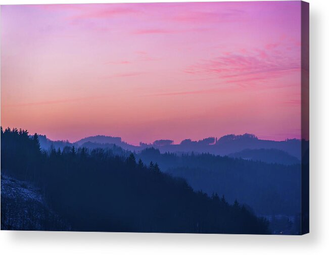 Jenny Rainbow Fine Art Photography Acrylic Print featuring the photograph Quartz Sunset Sky over Blue Ridges of Mountains by Jenny Rainbow