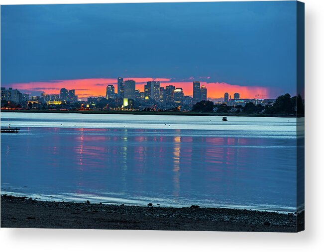 Quincy Acrylic Print featuring the photograph Quincy MA Red Sunset behind the Boston Skyline Wollaston Beach by Toby McGuire