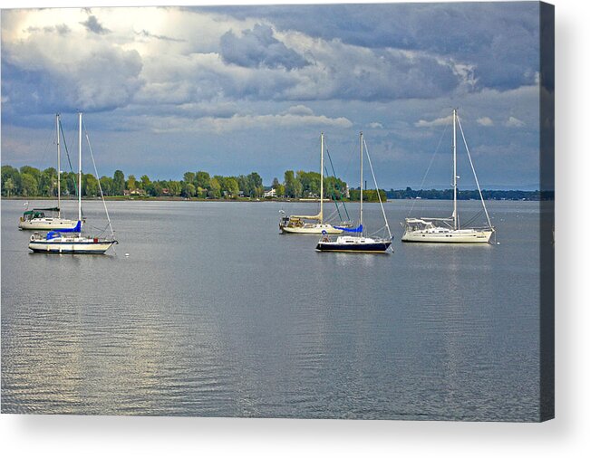 Sail Boats. Lake. Dock. Ducks. Birds. Trees. Pond. Stream. Fishing. Hikeing. Boots. Shoes. Running. Sking. Water. Sun.. Sundown. Sunrise. Noon. Boat.. Refection. Stormy. Rain. Cloudy. Sky.mixed Media. Mixed Media Photography. Mixed Media Vermont Photography. Mixed Media Sailboat Photogrtaphy. Sailboat Greeting Cards. Fine Art Sailboat Photography. Vermont Sailboat. Sail Boat Wall Art.  Acrylic Print featuring the photograph Quit Storm by James Steele