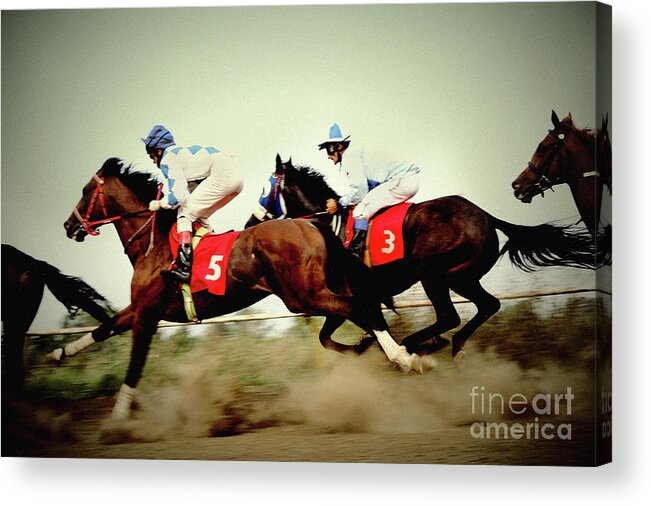 Horse Acrylic Print featuring the photograph Racing horses neck to neck in competition by Dimitar Hristov