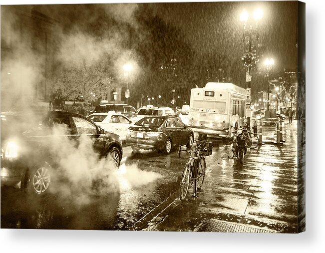Boston Acrylic Print featuring the photograph Rainy Night in Boston MA Steamy Street Sepia by Toby McGuire