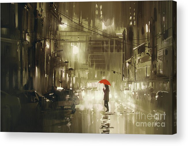 Illustration Acrylic Print featuring the painting Rainy Night by Tithi Luadthong