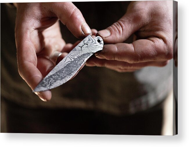 Forged In Fire Acrylic Print featuring the photograph Raw Damascene Blade 1 by Jean Gill