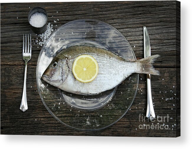 Fish Acrylic Print featuring the photograph Raw fish on plate with knife and fork by Sandra Cunningham