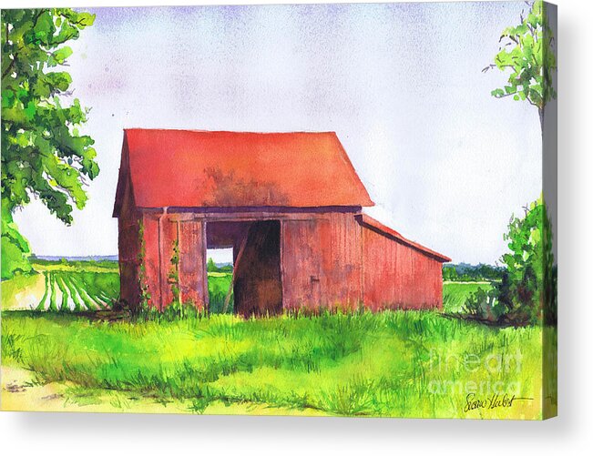 Red Acrylic Print featuring the painting Red Barn Cutchogue NY by Susan Herbst