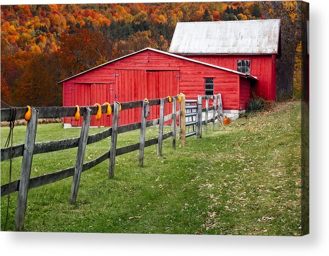 Autumn Acrylic Print featuring the photograph Red Barn In Autumn - by Susan Candelario