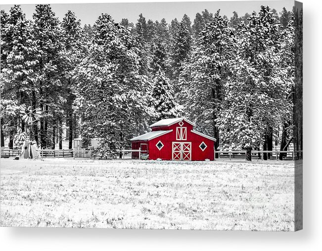 Barn Acrylic Print featuring the pyrography Red Barn in Snow by David Meznarich