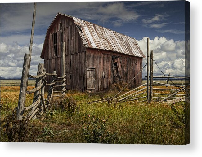 Wood Acrylic Print featuring the photograph Red Barn with Wood Fence on an Abandoned Farm by Randall Nyhof