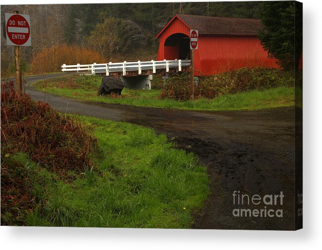 Fisher Covered Bridge Acrylic Print featuring the photograph Red Bridge On A Dreary Day by Adam Jewell