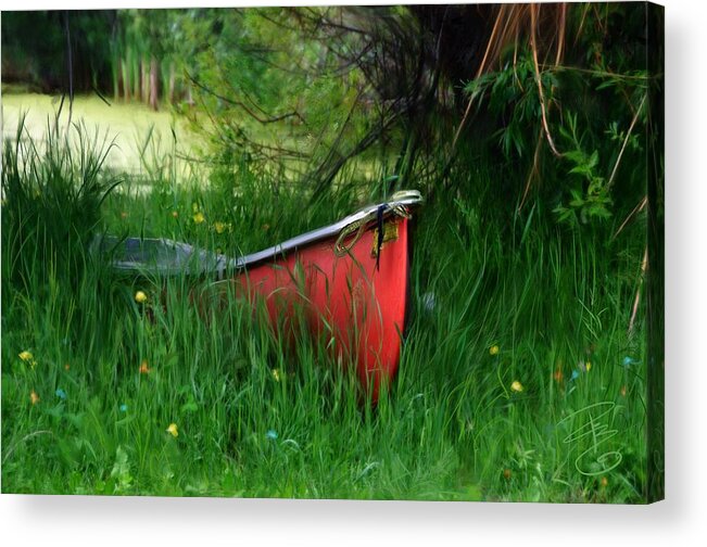 Boat Acrylic Print featuring the digital art Red canoe by Debra Baldwin