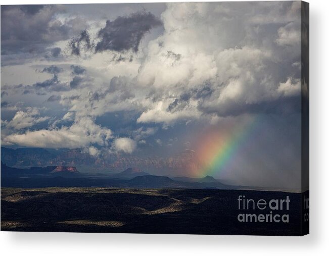 Rainbow Acrylic Print featuring the photograph Red Rocks Rain and Rainbow by Ron Chilston
