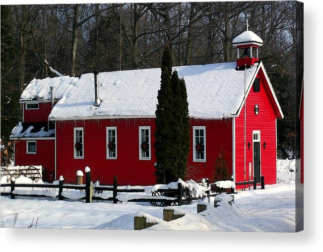 Red Schoolhouse Acrylic Print featuring the photograph Red Schoolhouse at Christmas by Desiree Paquette