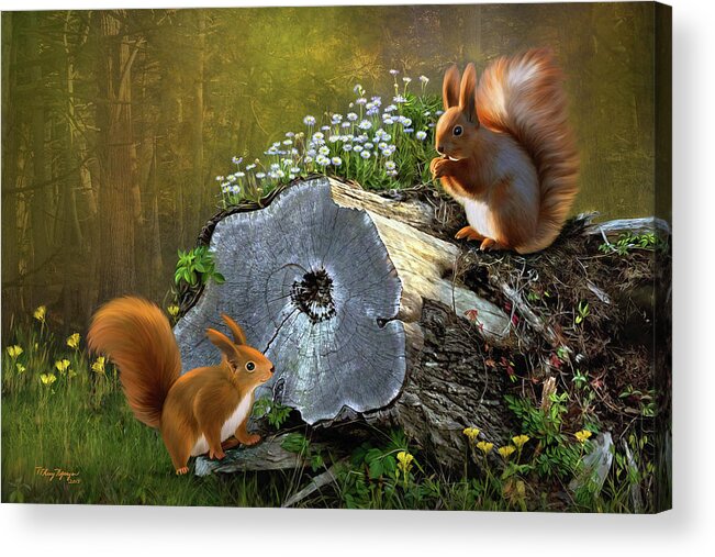 Red Squirrel Acrylic Print featuring the digital art Red Squirrels by Thanh Thuy Nguyen
