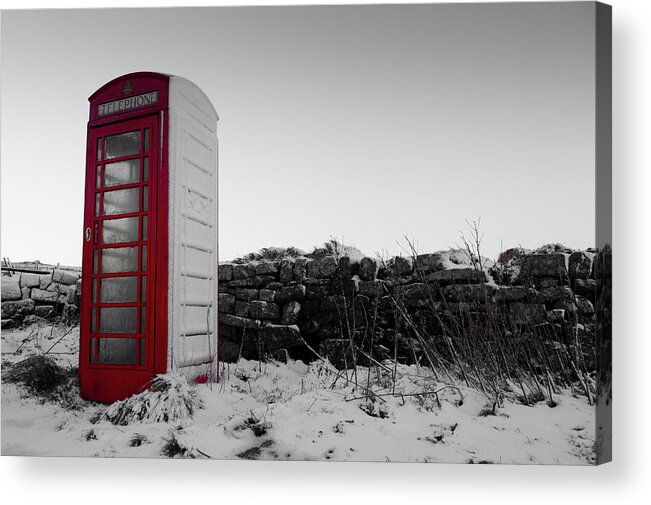 Red Telephone Box Acrylic Print featuring the photograph Red Telephone Box in the Snow vi by Helen Jackson