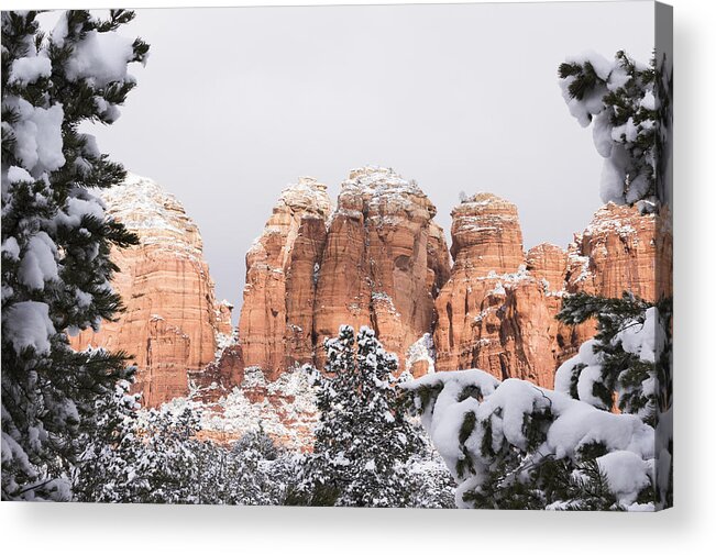 Sedona Acrylic Print featuring the photograph Red Towers under Snow by Laura Pratt