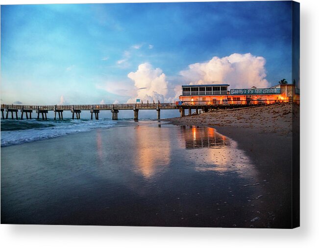 Clouds Acrylic Print featuring the photograph Reflections at Dawn at the Pier by Debra and Dave Vanderlaan