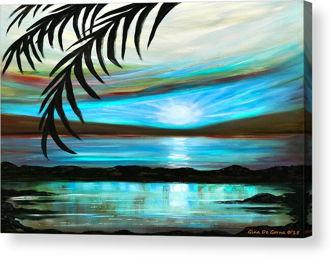 Sunset Acrylic Print featuring the painting Reflections in Teal - Landscape Sunset by Gina De Gorna