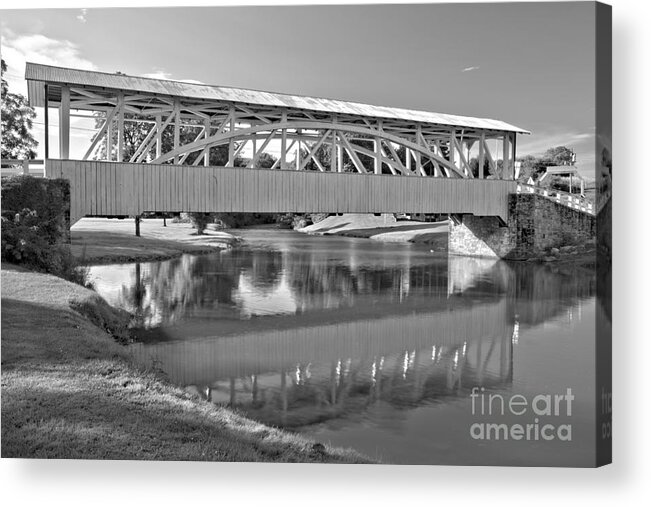 Halls Mill Covered Bridge Acrylic Print featuring the photograph Reflections Of The Halls Mill Covered Bridge Black And White by Adam Jewell