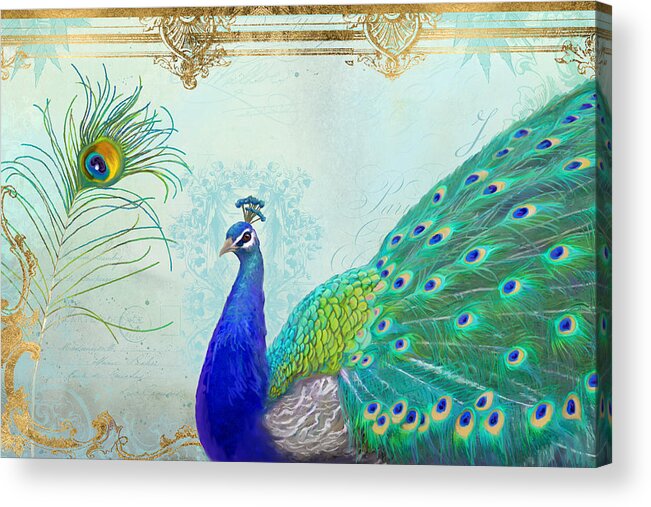 Peacock Acrylic Print featuring the painting Regal Peacock 2 w Feather n Gold Leaf French Style by Audrey Jeanne Roberts