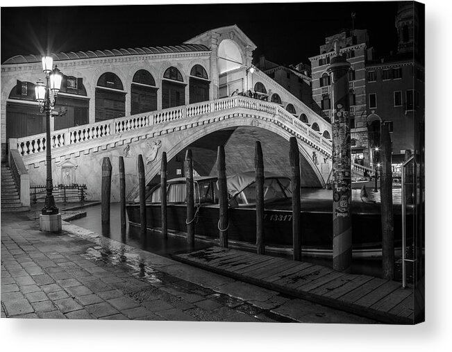 B&w Acrylic Print featuring the photograph Rialto Bridge at Night with Boat by John McGraw