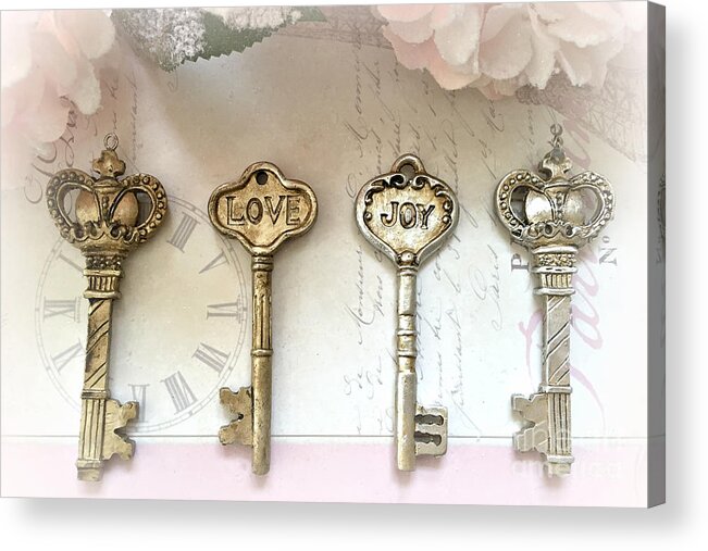 Paris Acrylic Print featuring the photograph Love Joy Shabby Chic Vintage Keys - Gold and Silver Skeleton Keys Love Joy Home Decor by Kathy Fornal