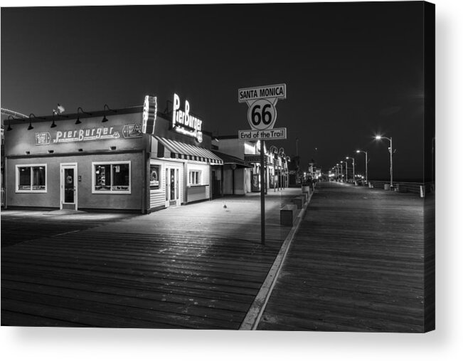 Santa Monica Pier Acrylic Print featuring the photograph Route 66 Santa Monica Black and White by John McGraw