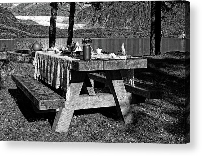 Picnic Table Acrylic Print featuring the photograph Rustic Tea Table Monochrome by Cathy Mahnke