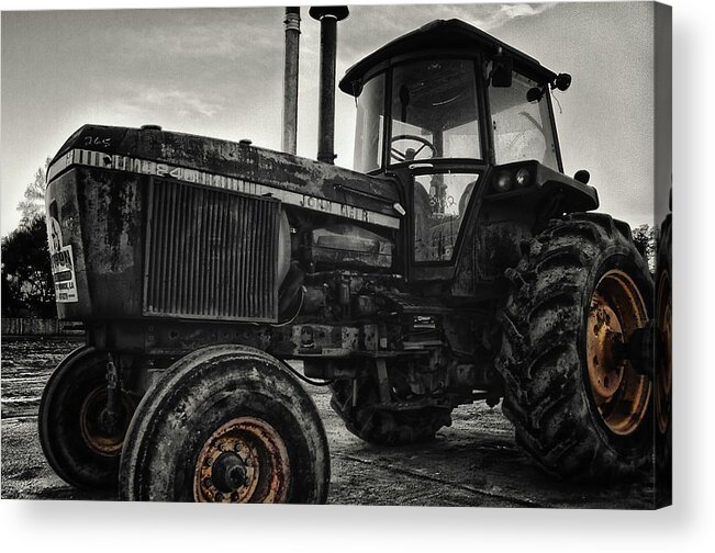 John Deere Tractor Acrylic Print featuring the photograph Rusty Yellow-Rimmed Tractor by Eugene Campbell