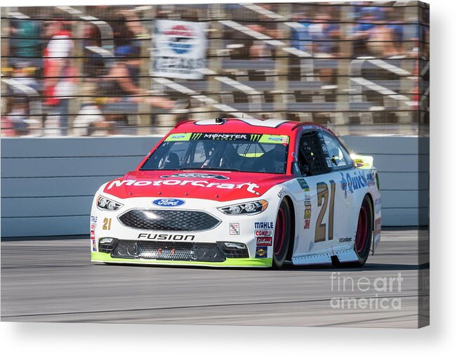 Ryan Blaney Acrylic Print featuring the photograph Ryan Blaney driving the woods Brothers #21 at Texas Motor Speedway by Paul Quinn