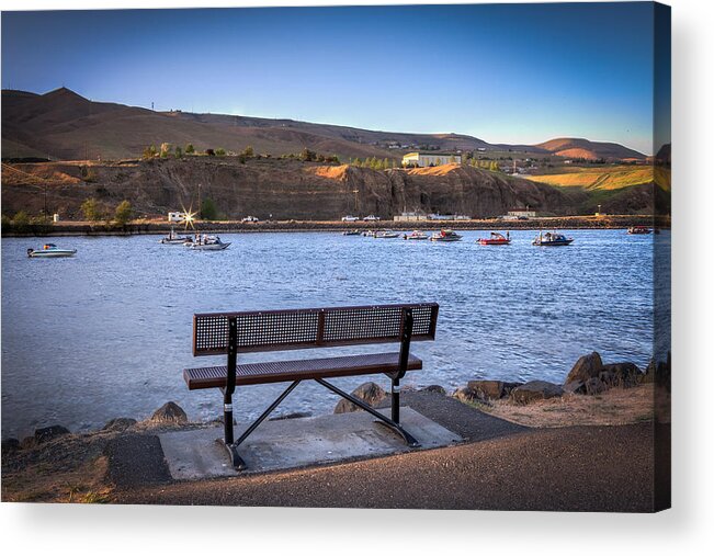 Lewiston Idaho Clarkston Washington Id Wa Lc-valley Valley Lewis Clark Bench Salmon Fishing Boats Boating Clearwater River Nature Hill Blue Path Rocks Boats Acrylic Print featuring the photograph Salmon Fishing Watching by Brad Stinson