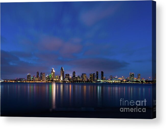 Clouds Acrylic Print featuring the photograph San Diego Skyline at Night by David Levin