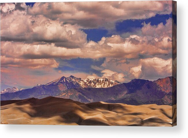 The Great Colorado Sand Dunes; Great Sand Dunes National Park And Preserve; Sand Dunes Prints; Sand Dunes Canvas Art; Colorado; Sand; Dunes; Nature Photography Prints; Landscape Photography Prints; Fine Art Photography; Insogna; The Lightning Man; Sand Dunes Prints For Sale; Commercial Photography Art Prints; Sand Dunes Greetings Card; Nature Photography; Nature; Galleries; Gallery; Landscape; Scenic; Stock Images; Fine Art Print; Insogna; Canvas Print; Custom Framed; Giclee Print; Greeting Card; Framed Art; Wall Art; Photography; Posters; Canvas Art; Striking-photography.com; Thelightningman.com; James Insogna; Bo Insogna; Striking Photography; The Lightning Man Acrylic Print featuring the photograph Sand Dunes - Mountains - Snow- Clouds and Shadows by James BO Insogna