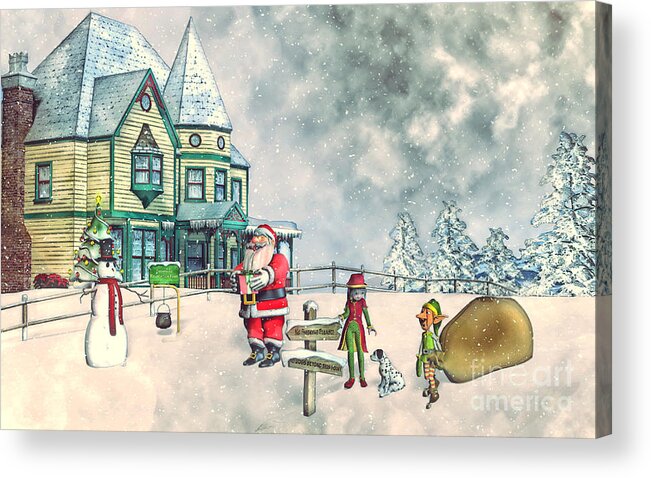 Santa's Snowman Visit Acrylic Print featuring the painting Santa's Snowman Visit by Two Hivelys