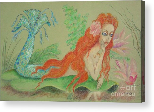 Mermaid Acrylic Print featuring the drawing Sea Siren, Resting -- Whimsical Mermaid Drawing by Jayne Somogy