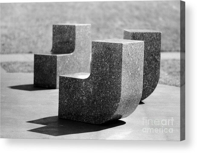 Stone Sculpture Poppajohn Park Seat Seating Eight Black White Monochrome Acrylic Print featuring the photograph Seating for Eight by Ken DePue