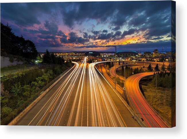 Seattle Acrylic Print featuring the photograph Seattle Freeway Light Trails by David Gn