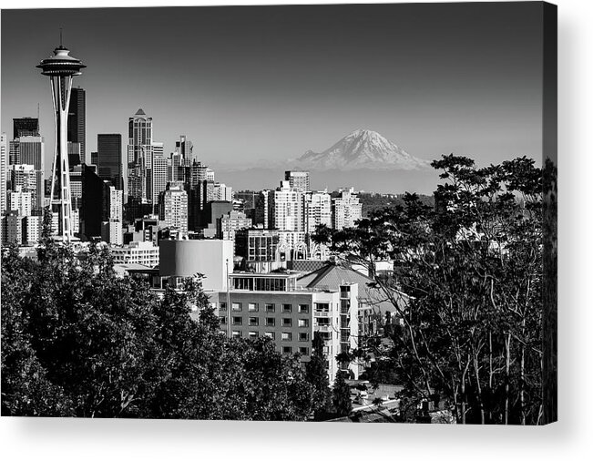 Space Needle Acrylic Print featuring the photograph Seattle Skyline with Mount Rainier in the background in Black and White by Mati Krimerman