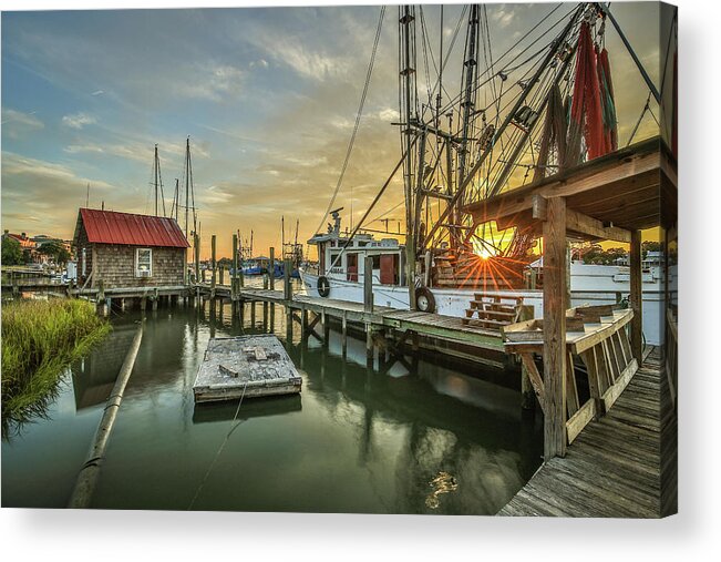 Shem Creek Acrylic Print featuring the photograph Shem Creek Boathouse and Shrimp Boat by Donnie Whitaker
