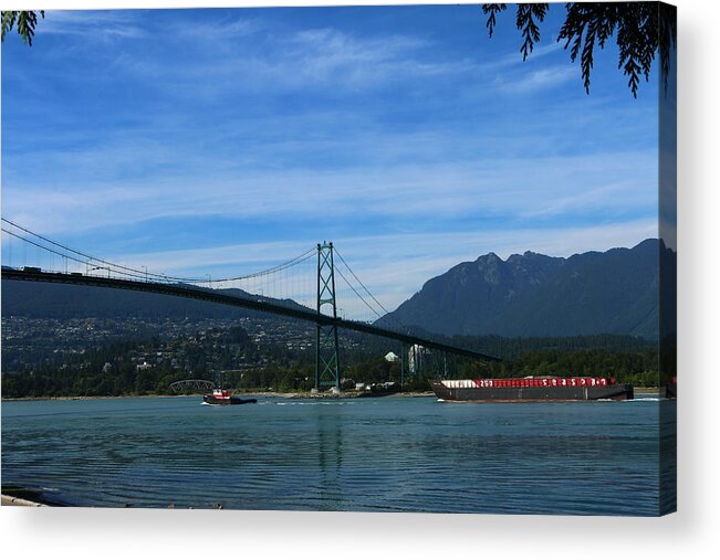  Canada Acrylic Print featuring the photograph Shiptraffic Under Lions Gate Bridge by Christiane Schulze Art And Photography
