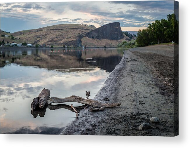 Lewiston Idaho Clarkston Washington Id Wa Lewis Clark Lc Valley Drift Wood Snake River Beach Rock Hell's Canyon National Park Shoreline Water Clouds Swallows Nest Sand Still Acrylic Print featuring the photograph Shoreline View of the Rock by Brad Stinson