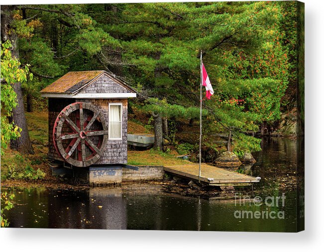 Colors Acrylic Print featuring the photograph Small shed with a large wooden wheel by Les Palenik