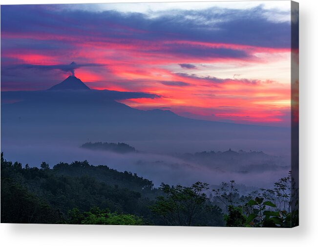 Landscape Acrylic Print featuring the photograph Smoking volcano and Borobudur temple by Pradeep Raja Prints