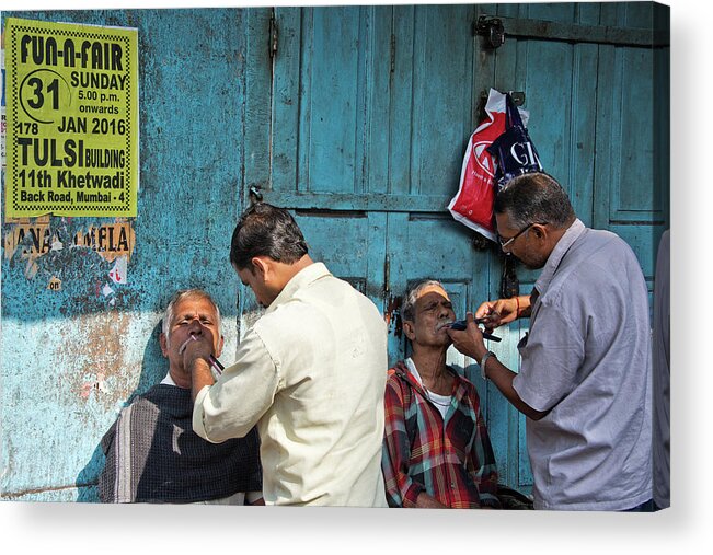 Street Side Barbershop In The Back Streets Of Mumbai. Acrylic Print featuring the photograph Snip and tuck by Marion Galt