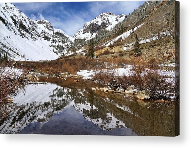 Colorado Acrylic Print featuring the photograph Snow-capped Refections by Leda Robertson